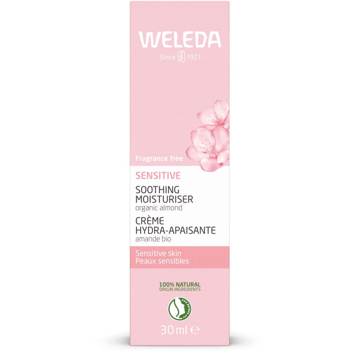 Weleda Almond Soothing Facial Cream 30 ml beroligende dagcreme i lyserød æske dekoreret med mandelblomster