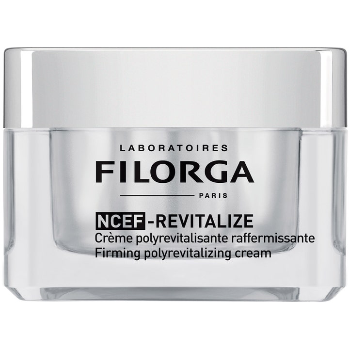 Filorga NCEF-REVITALIZE opstrammende ansigtscreme i en stilren glaskrukke med et skinnende sølvlåg
