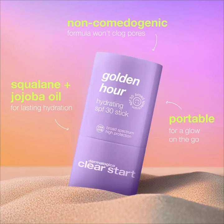 Dermalogica Golden Hour Hydrating SPF30 Stick 20 ml fugtgivende solstift med squalane i lilla hylster i sandet
