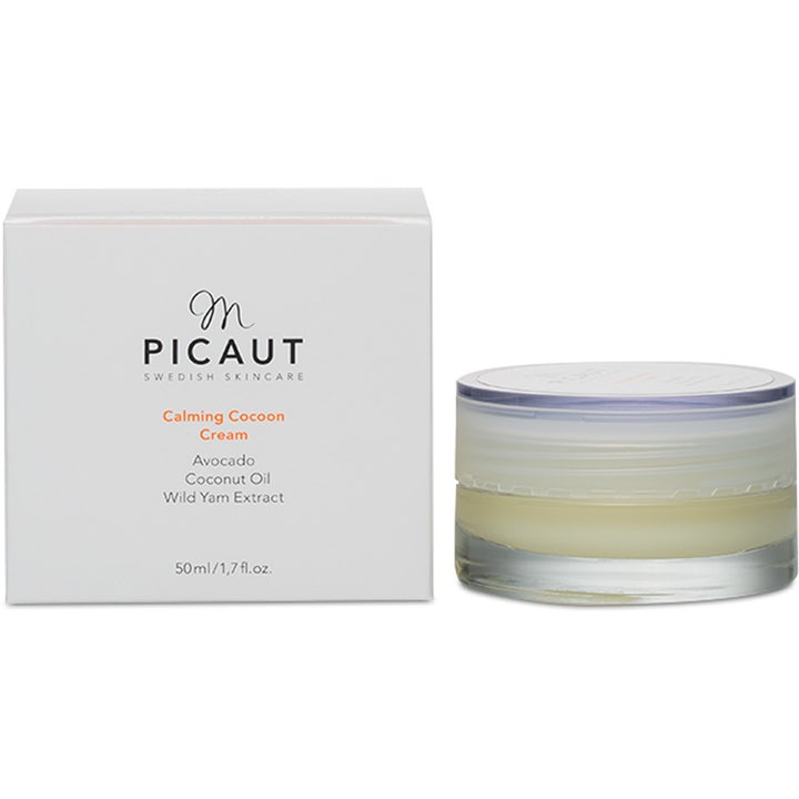 M Picaut Calming Cocoon Cream 50 ml beroligende ansigtscreme med avocadoolie i en lav glaskrukke og hvid yderemballage