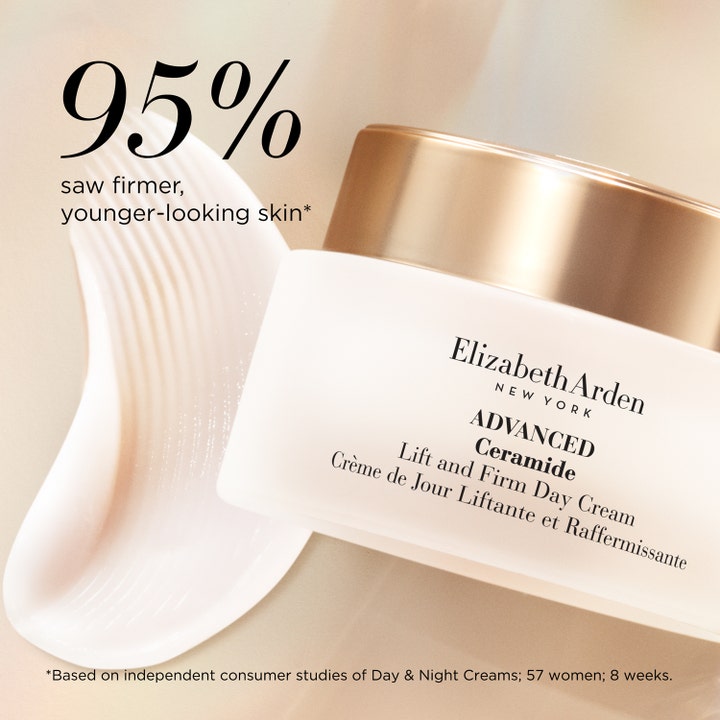 Elizabeth Arden Ceramide Lift & Firm Day Cream 50 ml opstrammende dagcreme i krukke med guld låg og cremet tekstur.