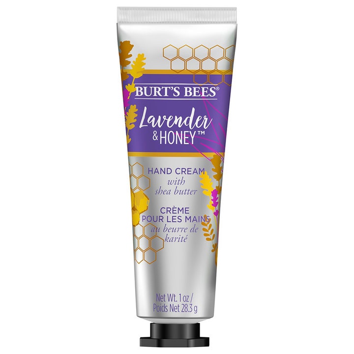 Burt's Bees Lavender & Honey 28,3 g håndcreme med sheasmør i sølvtubbe med lilla grafik og motiver af honningtavler.