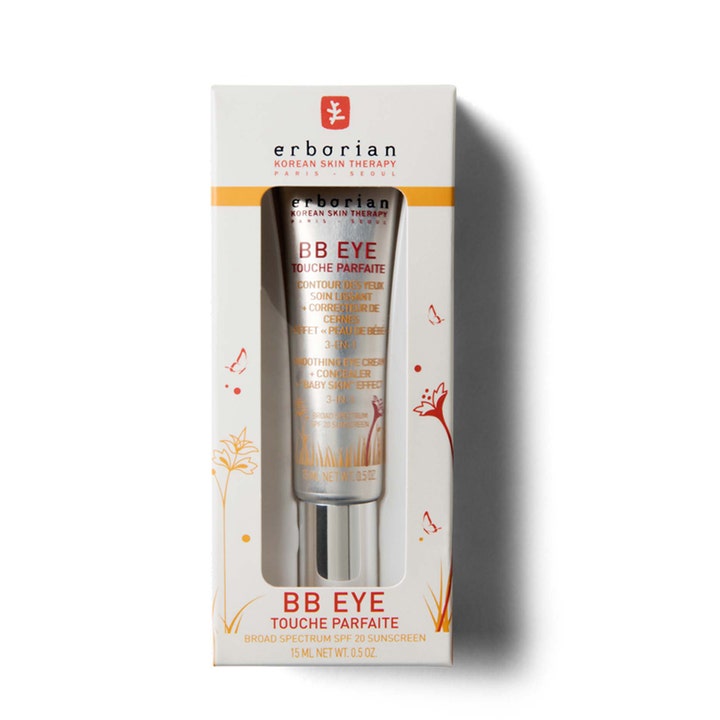 Erborian BB Eye Touche Parfaite 15 ml udglattende øjencreme med SPF 20 i sølvfarvet tube og hvid æske