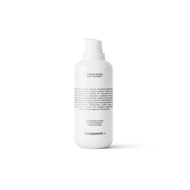 Transparent Lab Ceramide Barrier Body Treatment fugtgivende kropscreme i hvid plastflaske med hvid pumpe og sort tekst