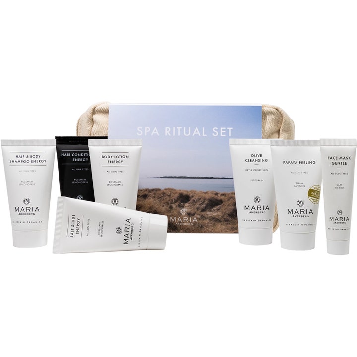 Maria Åkerberg SPA Ritual Kit 195 ml opfriskende hudplejesæt med hvide og sorte tuber og en beige toilettaske