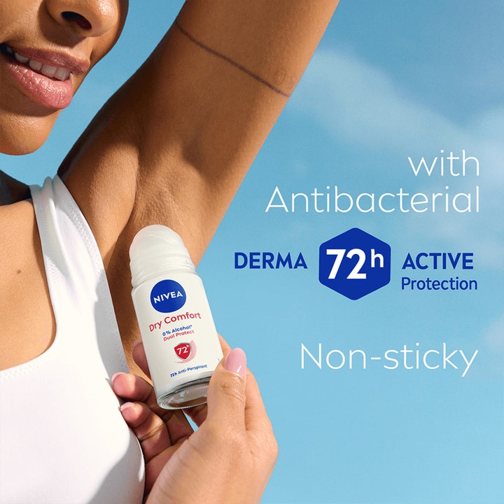 NIVEA Deo Rollon Dry Comfort 50 ml giver 72h beskyttelse vist på kvinde under armen med antibacterial tekst.