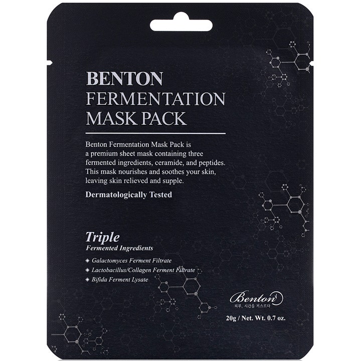 Benton Fermentation Mask Pack 20g plejende sheetmaske med fermenterede ingredienser i sort indpakning