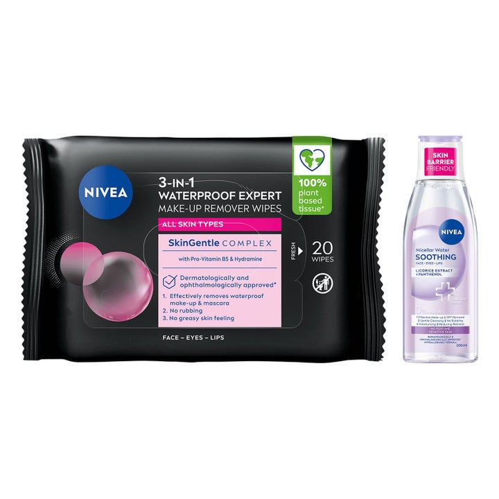 Nivea Micellar Water 200 ml og Expert Wipes 20 stk rensesæt til følsom hud i klar plastflaske og sort pakke