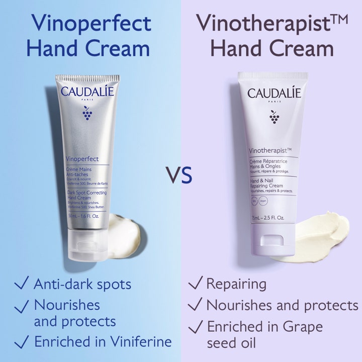 Caudalie Vinoperfect Hand Cream 50 ml mod pigmentpletter sammenlignet med Vinotherapist på delt baggrund.