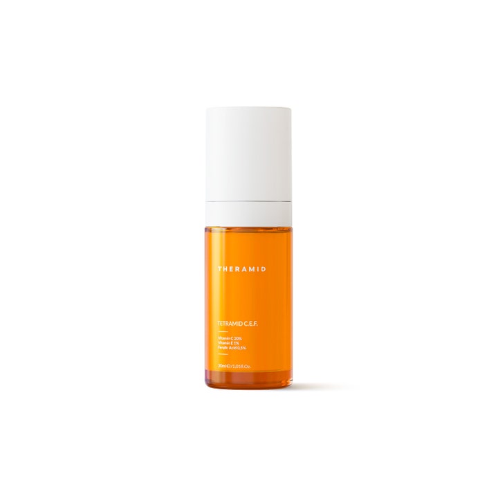 Theramid Tetramid C.E.F. 30 ml lysnende ansigtsserum i en orange gennemsigtig flaske med hvidt låg