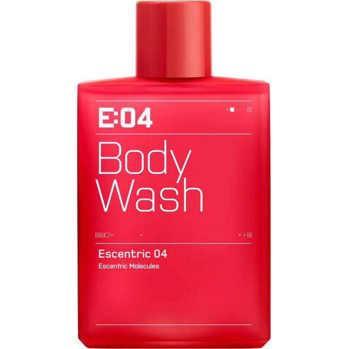 Escentric Molecules Escentric 04 Body Wash forfriskende kropsvask i en stilren rød plastflaske med hvid minimalistisk tekst