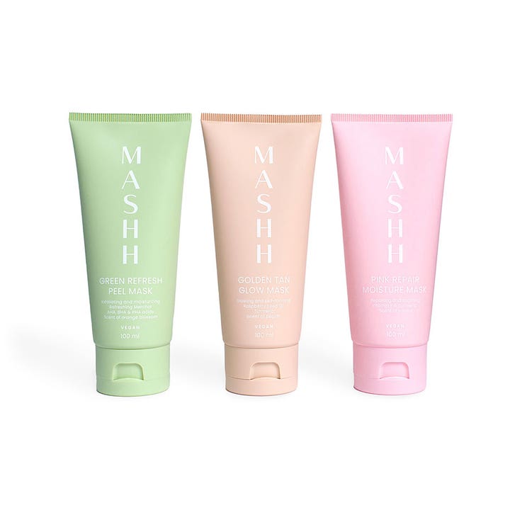MASHH Pink Repair Moisture Mask 100 ml reparerende ansigtsmaske i pink tube vist med grøn og ferskenfarvet variant.