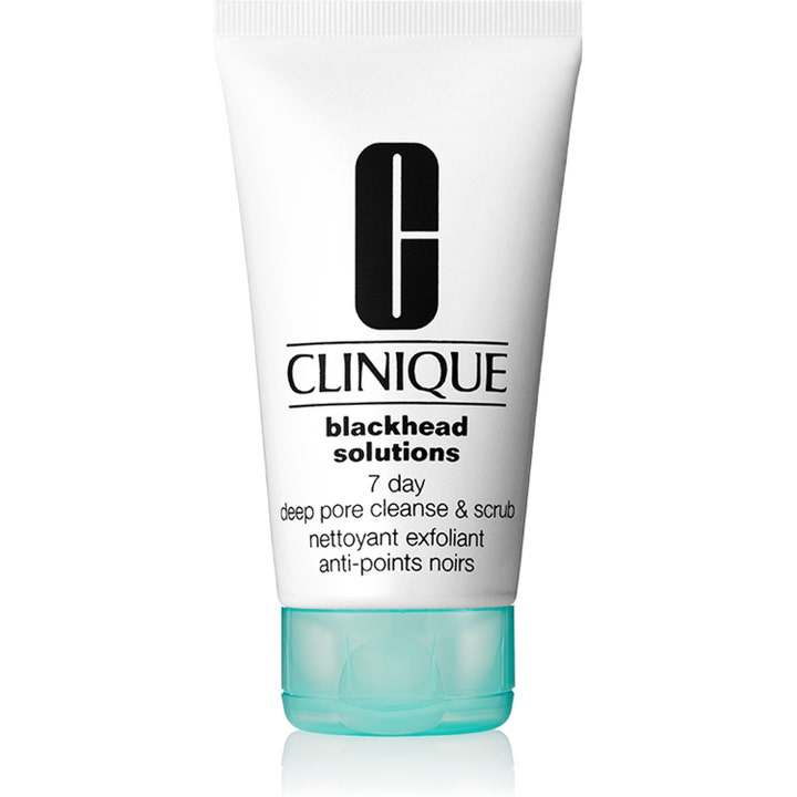 Clinique Blackhead Solutions 7 Day Deep Pore Cleanse & Scrub mod hudorme i hvid tube med turkis gennemsigtigt låg