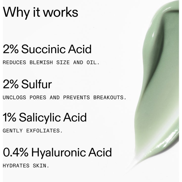 The INKEY List Succinic Acid Treatment 15 ml mod urenheder med grøn tekstur og tekst om 2% ravsyre og svovl
