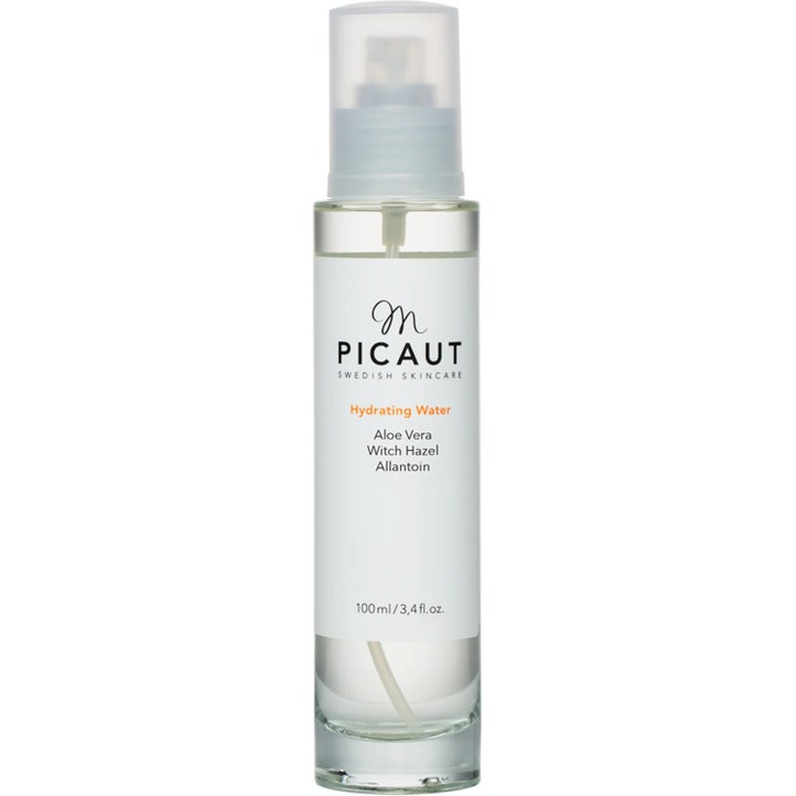 M Picaut Hydrating Water 100 ml fugtgivende ansigtsspray med aloe vera i klar flaske med hvid etiket