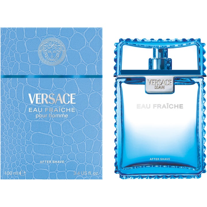 Versace Eau Fraiche After Shave 100 ml beroligende aftershave i lyseblå flakon med takkede kanter og matchende æske