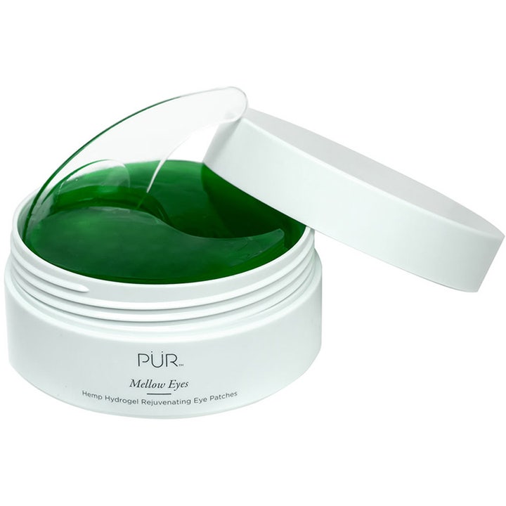 PÜR Mellow Eyes Rejuvenating Eye Patches 90 g beroligende øjenmaske med grønne patches i hvid krukke med spatel