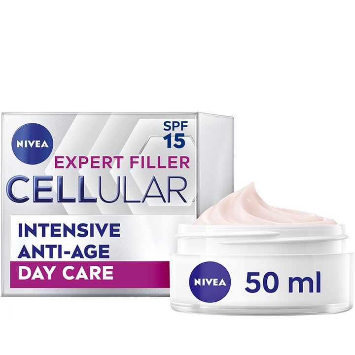 Nivea Cellular Expert Filler 50 ml anti-age dagcreme i hvid krukke med lyserød tekstur foran sølvfarvet æske.