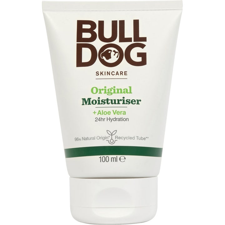 Bulldog Original Moisturiser 100 ml fugtgivende ansigtscreme med aloe vera i hvid tube af genbrugsplast