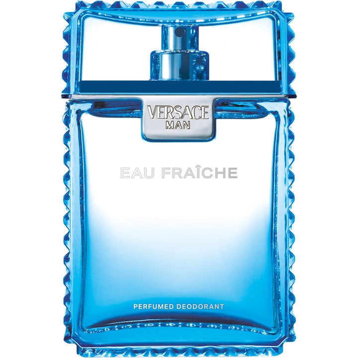 Versace Man Eau Fraîche perfumeret deodorant i lyseblå gennemsigtig glasflakon med karakteristiske takkede kanter