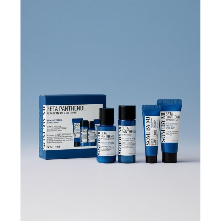 Some By Mi Beta Panthenol Repairs Starter Kit 90 ml barriere-reparerende hudplejesæt med blå flasker og tuber