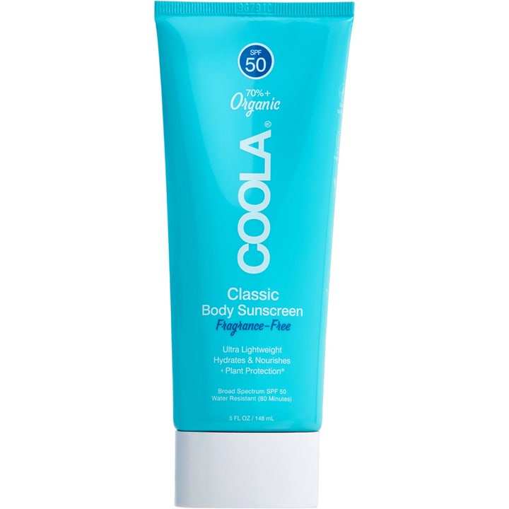 Coola Classic Body Sunscreen Fragrance-Free 148 ml parfume-fri solcreme SPF 50 i en turkis tube med hvidt låg