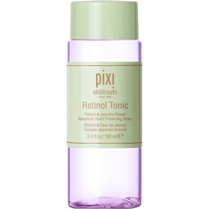 Pixi Retinol Tonic 100 ml fornyende ansigtsvand med retinol i en lilla gennemsigtig flaske med lysegrønt låg