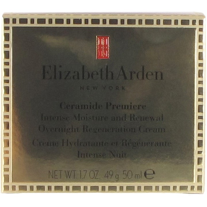 Elizabeth Arden Ceramide Premiere 50 ml fugtgivende natcreme i en luksuriøs guldæske med sort tekst og rødt logo