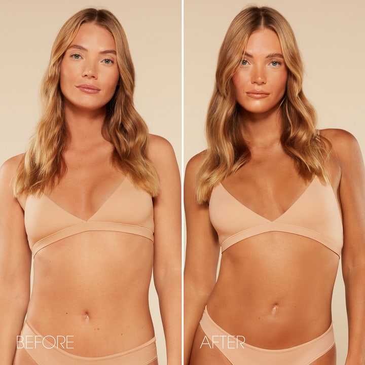 St.Tropez Self Tan Ultra Dark Violet Bronzing Mousse 200 ml før og efter resultat af en dyb mørk kulør.