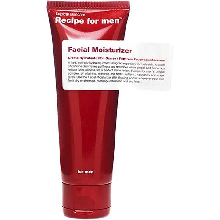 Recipe for men Facial Moisturizer fugtgivende ansigtscreme i rød tube med hvid label der giver en mat finish