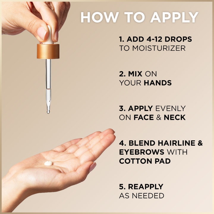 Garnier Ambre Solaire Natural Bronzer Self-Tan Drops 30 ml selvbruner infografik om påføring af dråber i ansigtscreme
