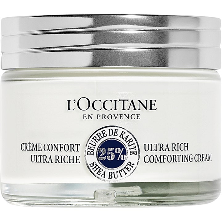L'Occitane Shea Ultra Rich Comforting Cream nærende ansigtscreme i klar glaskrukke med skinnende sølvlåg