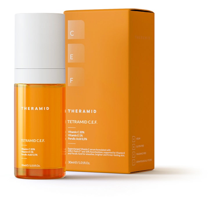 Niche Beauty Lab Theramid Tetramid C.E.F 30 ml intensivt vitamin C serum i orange flaske med hvidt låg og æske