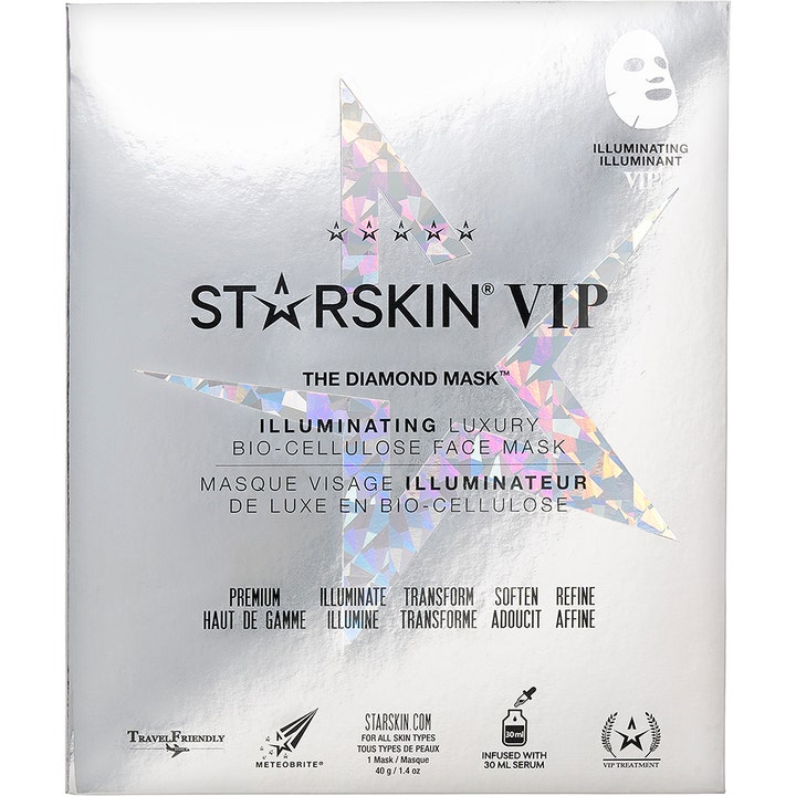 Starskin The Diamond Mask 40 g illuminating sheet mask i sølvfarvet emballage med en stor holografisk stjerne