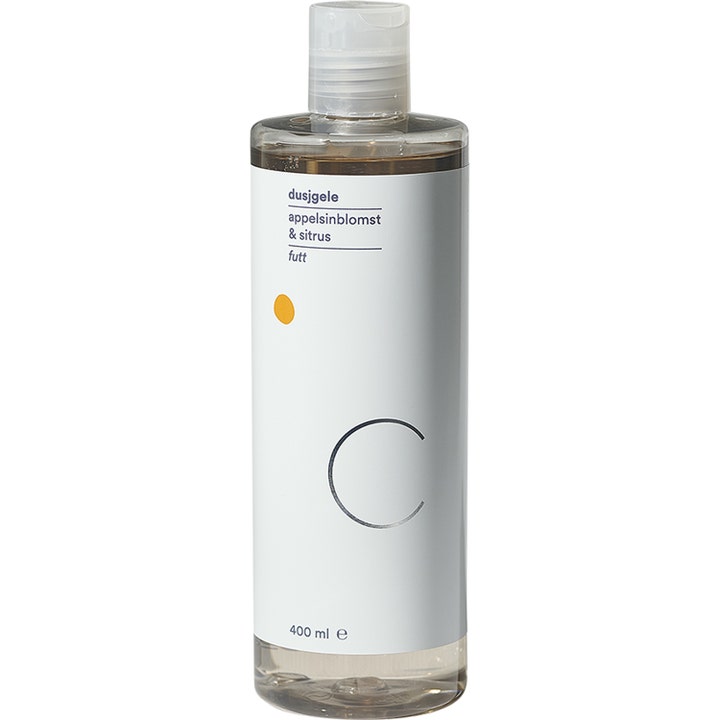 futt Appelsinblomst & Citrus brusegel 400 ml opfriskende kropsvask i klar plastflaske med hvid label og orange prik.
