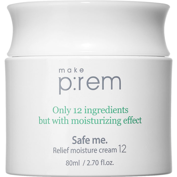 Make p:rem Safe Me Relief Moisture Cream 12 80 ml fugtgivende ansigtscreme i hvid krukke med grøn tekst