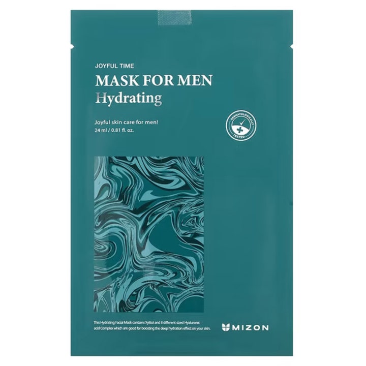Mizon Joyful Time Mask For Men Hydrating 24 ml fugtgivende sheetmaske i mørkegrøn pose med hvirvlende mønster
