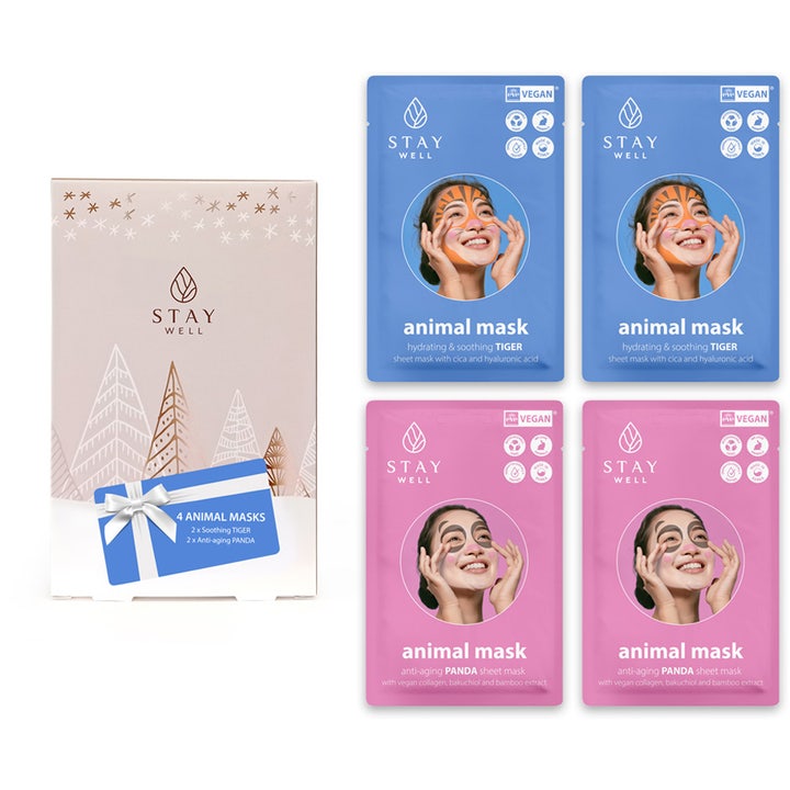 Stay Well Animal Masks Set 4 stk. vegansk ansigtspleje med fugtgivende tiger- og anti-age pandamasker.