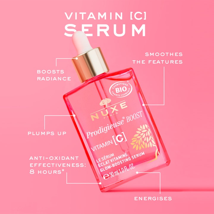 Nuxe Prodigieuse Boost Vitamin C Serum 30 ml giver glød og energi i lyserød glasflaske med guldpipette