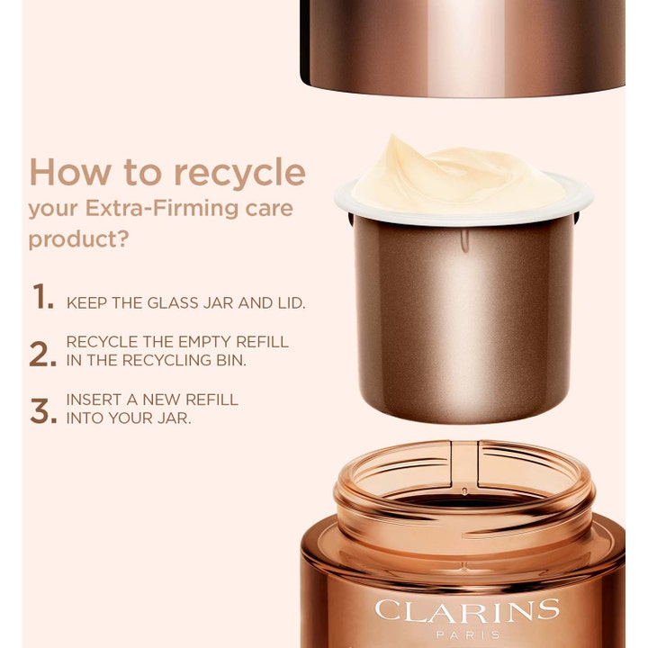 Clarins Extra-Firming Jour 50 ml dagcreme viser genanvendelig refill-løsning med creme i bronzefarvet glaskrukke