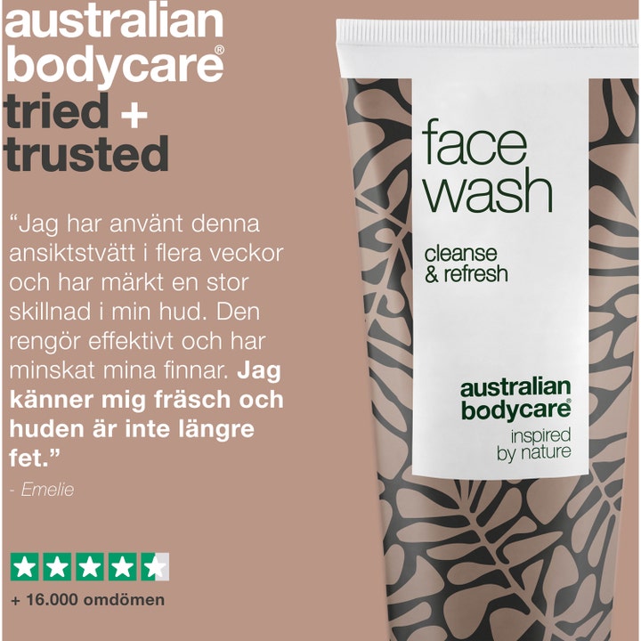 Australian Bodycare Face Wash 100 ml ansigtsrens mod urenheder vist med en kundeanmeldelse og fem stjerner