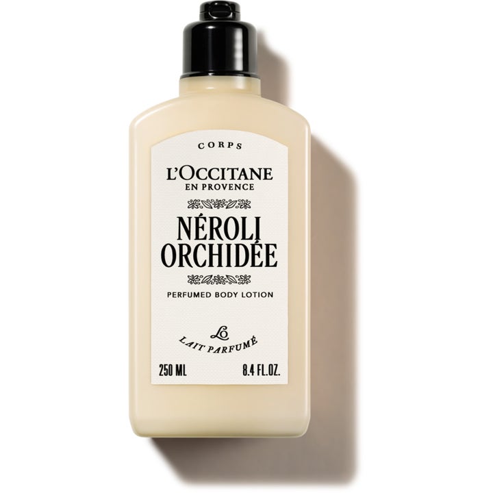 L'Occitane Néroli & Orchidée 250 ml velduftende bodylotion i beige plastflaske med sort låg og hvid label.