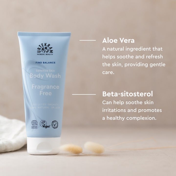 Urtekram Fragrance Free Body Wash 200 ml beroligende bodysæbe med aloe vera og beta-sitosterol i lyseblå tube