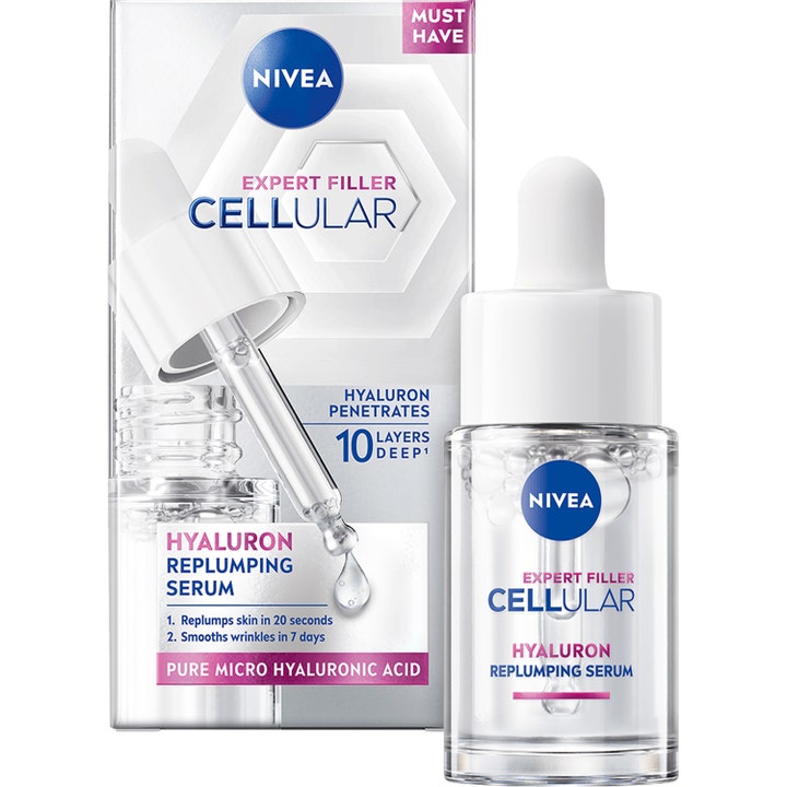 Nivea Expert Filler Cellular Hyaluron Replumping Serum fugtgivende ansigtsserum i klar glasflaske med hvid pipette