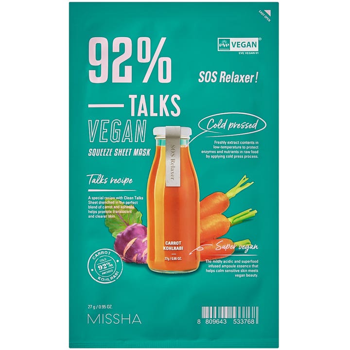 Missha Talks Vegan Squeeze Sheet Mask SOS Relaxer 27g beroligende ansigtsmaske i grøn indpakning med gulerod og kålrabi