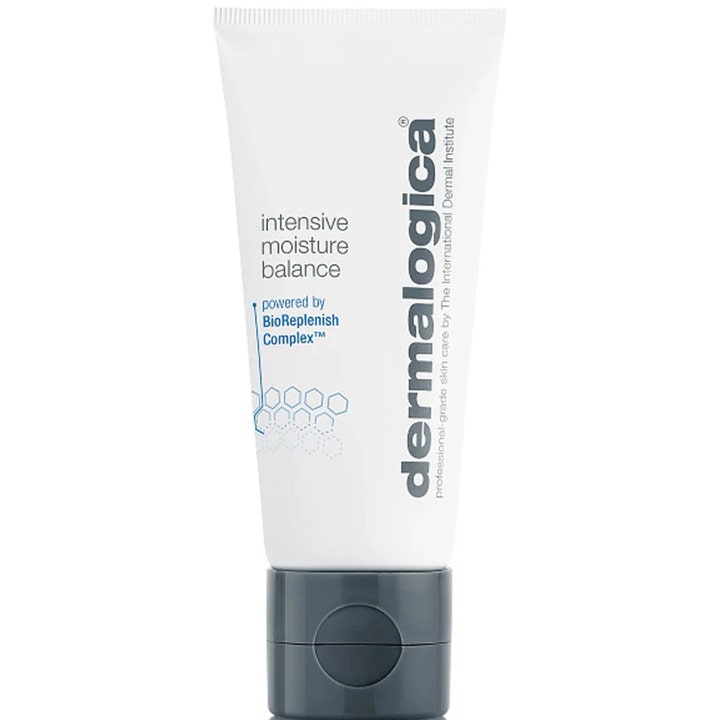 Dermalogica Intensive Moisture Balance nærende ansigtscreme i hvid plastictube med gråt vippelåg.