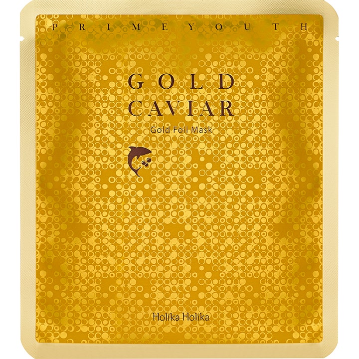 Holika Holika Prime Youth Gold Caviar Gold Foil Mask 25 g ansigtsmaske i guldfarvet kuvert med cirkelmønster