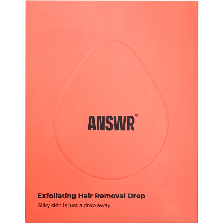 ANSWR Exfoliating Hair Removal Drop 1 stk hårbortfjerning i ferskenfarvet æske med præget dråbeform og sort tekst