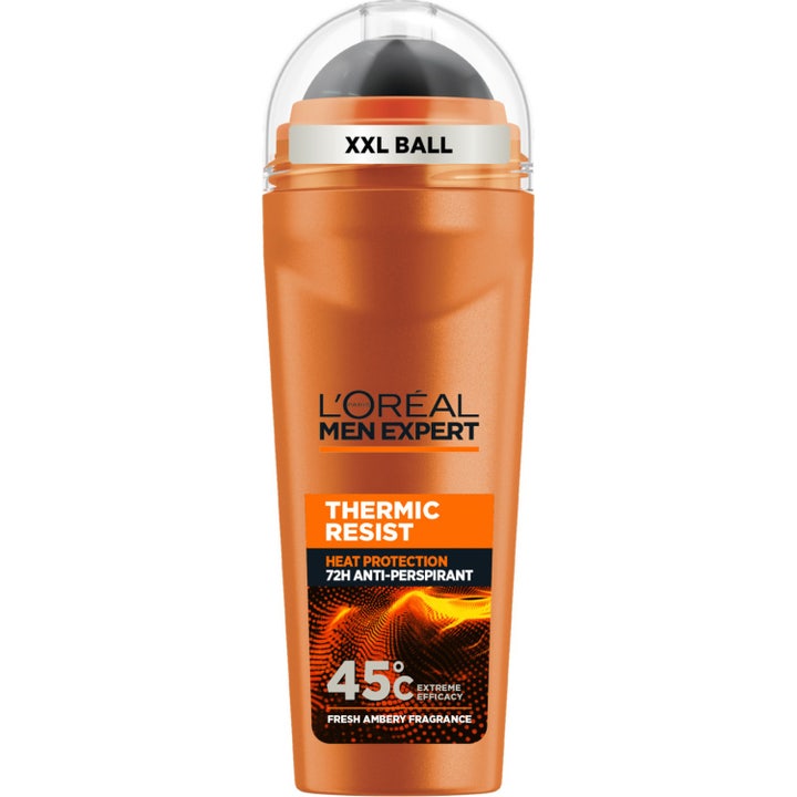 L'Oréal Men Expert Thermic Resist 50 ml anti-perspirant mod sved i orange flaske med stor grå kugle og klart låg.