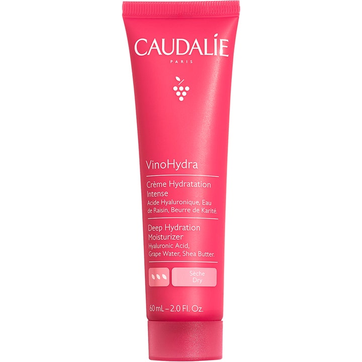 Caudalie VinoHydra 60 ml fugtgivende ansigtscreme til tør hud i en klar lyserød tube med hvid tekst.